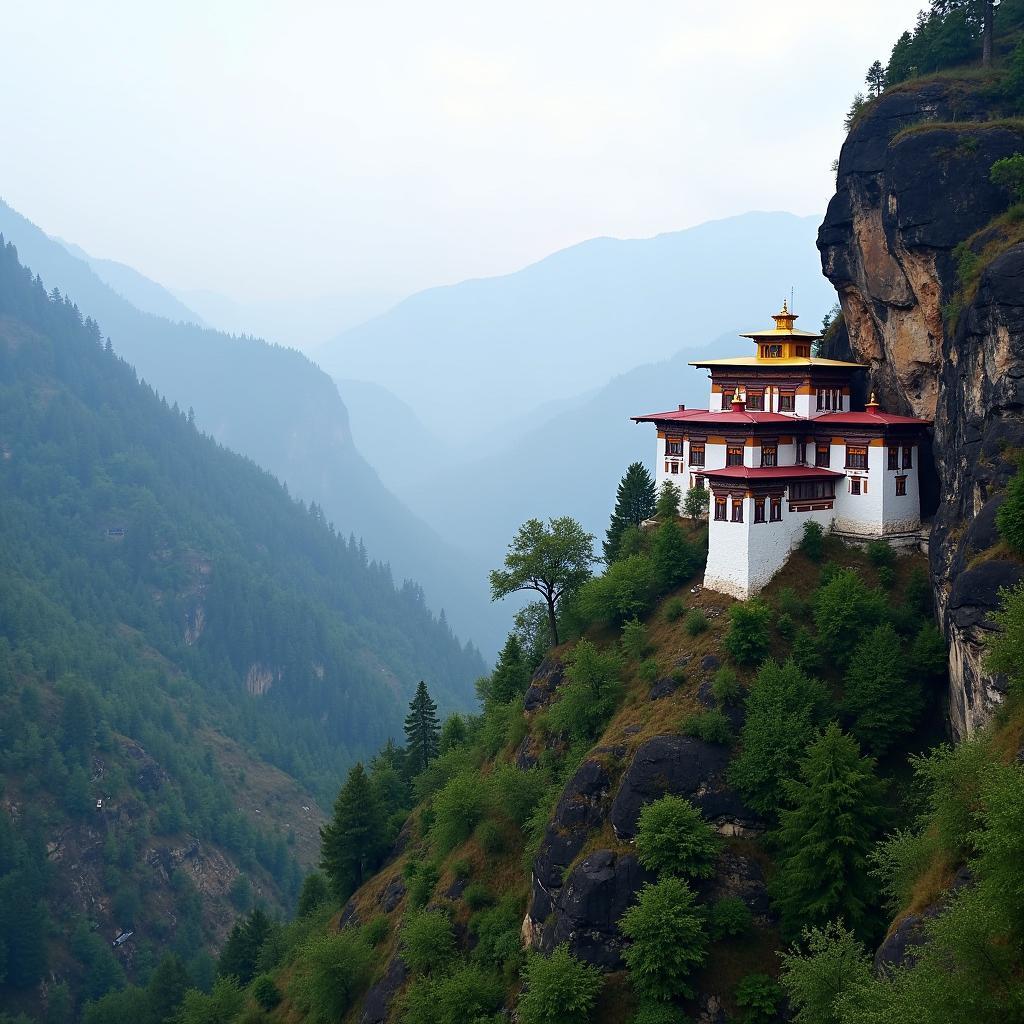 A serene Bhutanese monastery nestled high in the Himalayas.