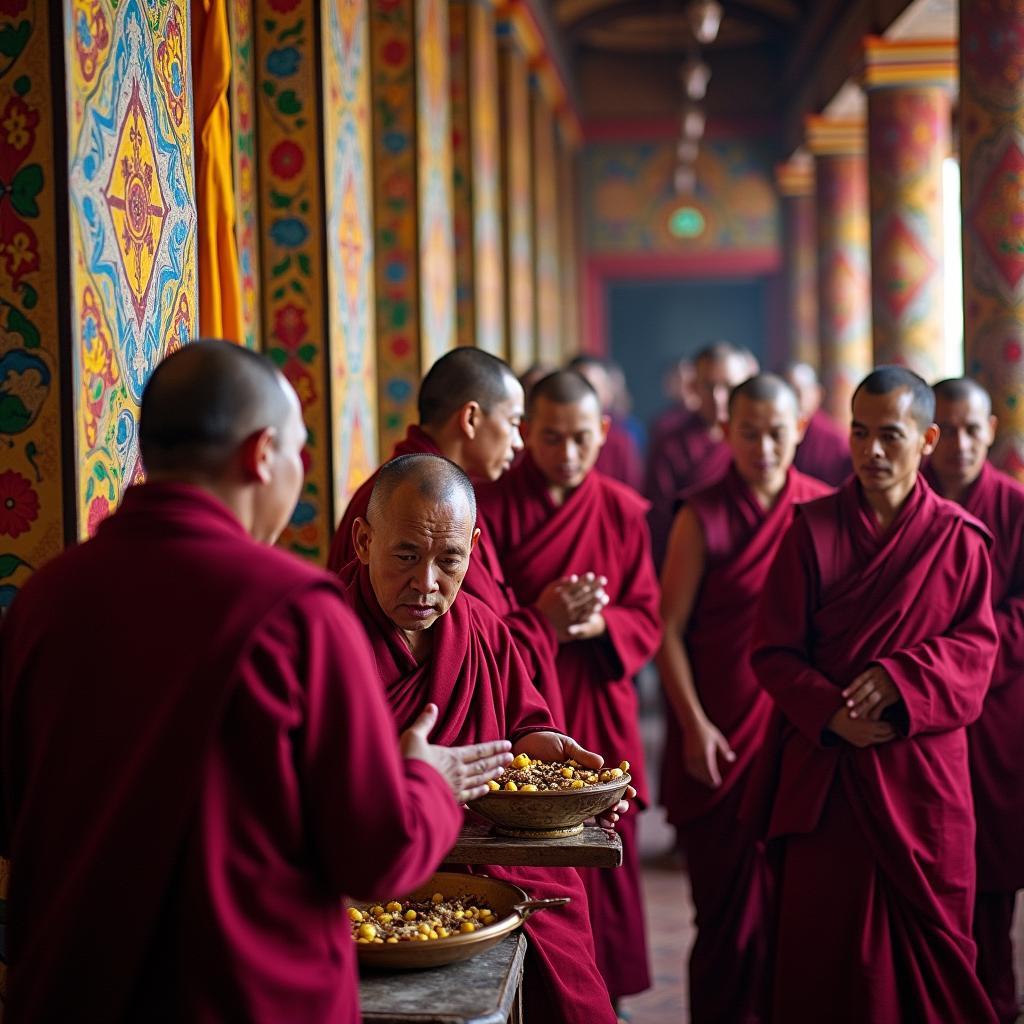 Bhutanese monks performing a traditional ceremony inside a monastery