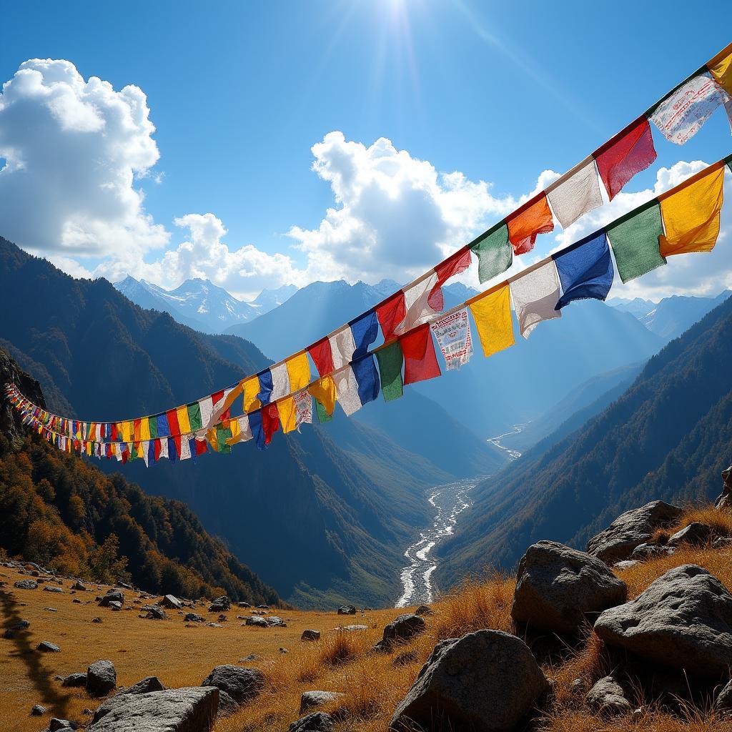 Colorful prayer flags fluttering in the wind in Bhutan