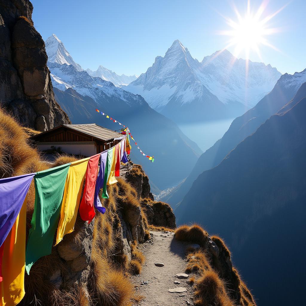 Colorful prayer flags fluttering in the wind at a Bhutanese mountain pass