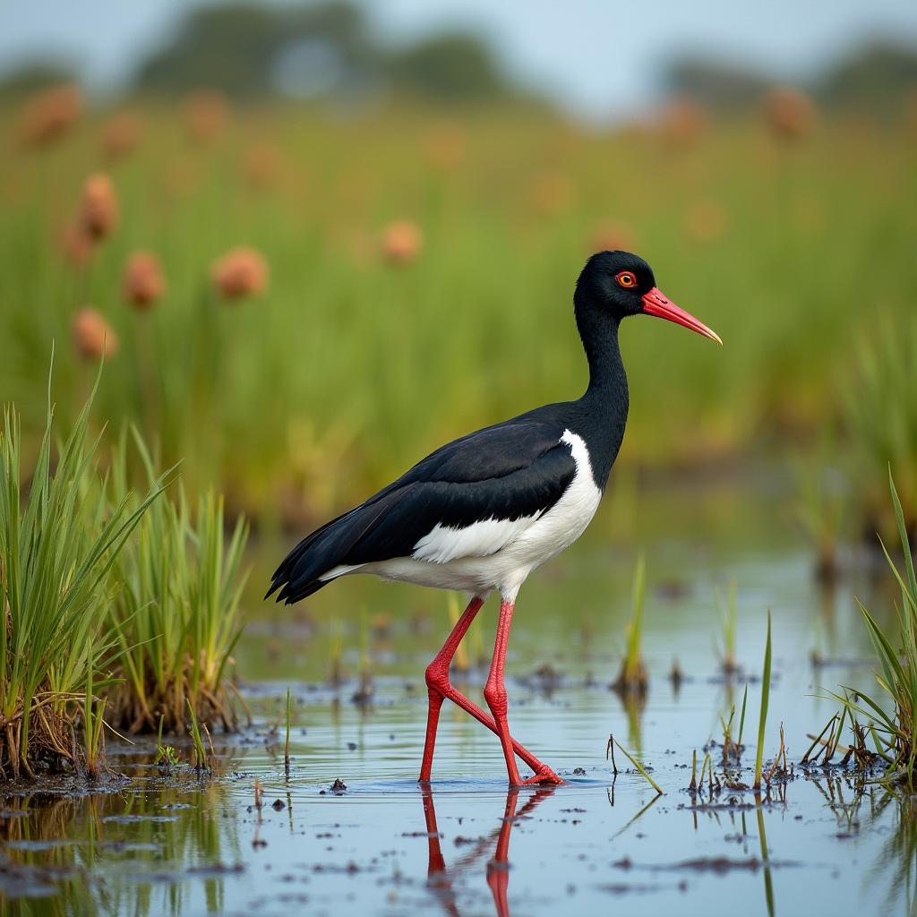 A vibrant jabiru wading in the wetlands of Kakadu National Park with lush vegetation in the background.