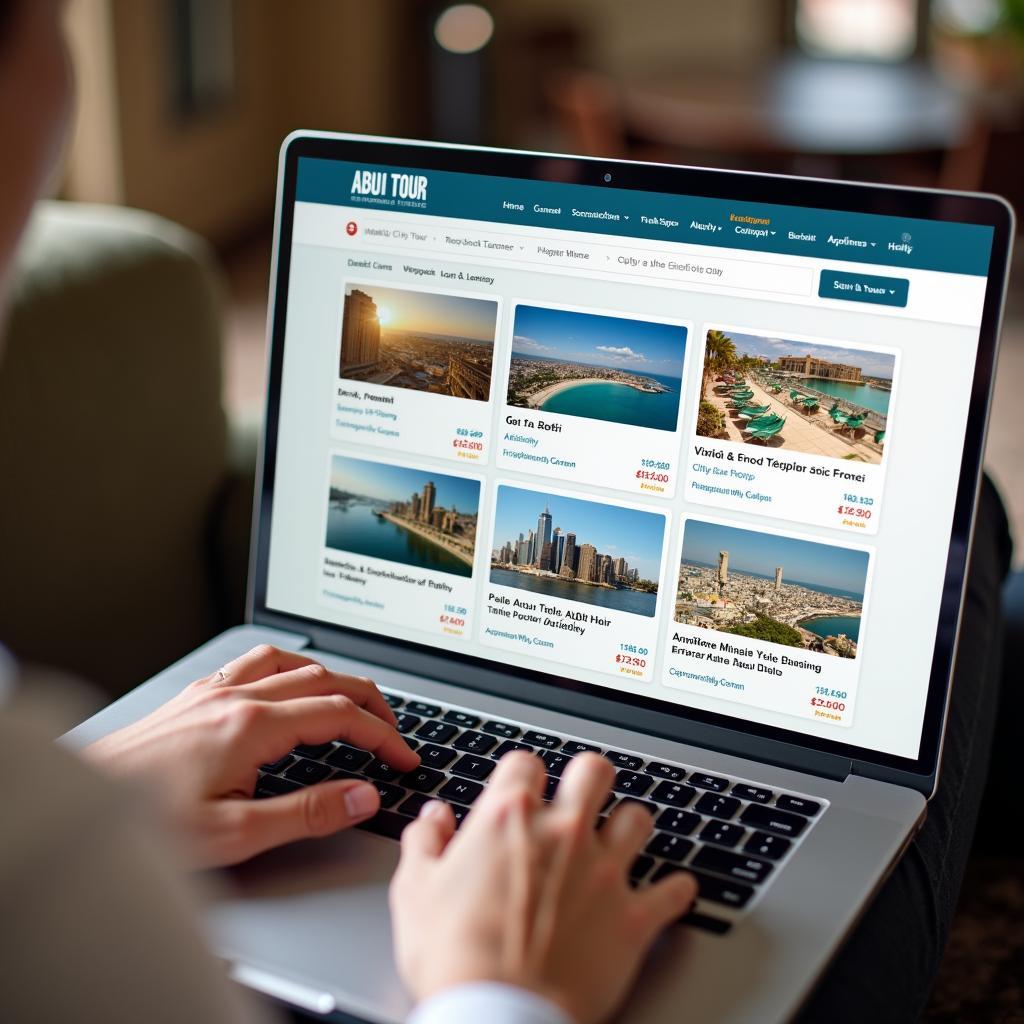 Booking an Abu Dhabi City Tour Online: A person using a laptop to browse and book a city tour in Abu Dhabi on a travel website.