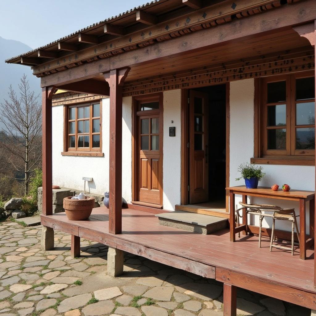 A cozy Bhutanese homestay with traditional architecture and warm interiors.