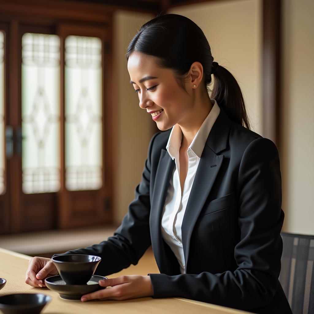 Businesswoman Enjoying Traditional Japanese Tea Ceremony