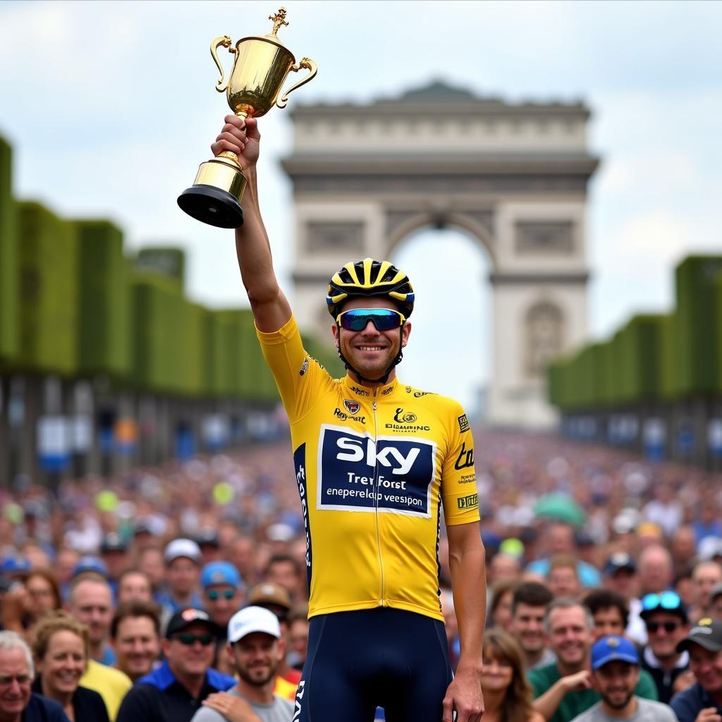 Cadel Evans wearing the yellow jersey on the podium