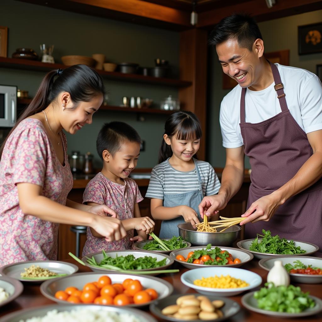 Family participating in a Cambodian cooking class