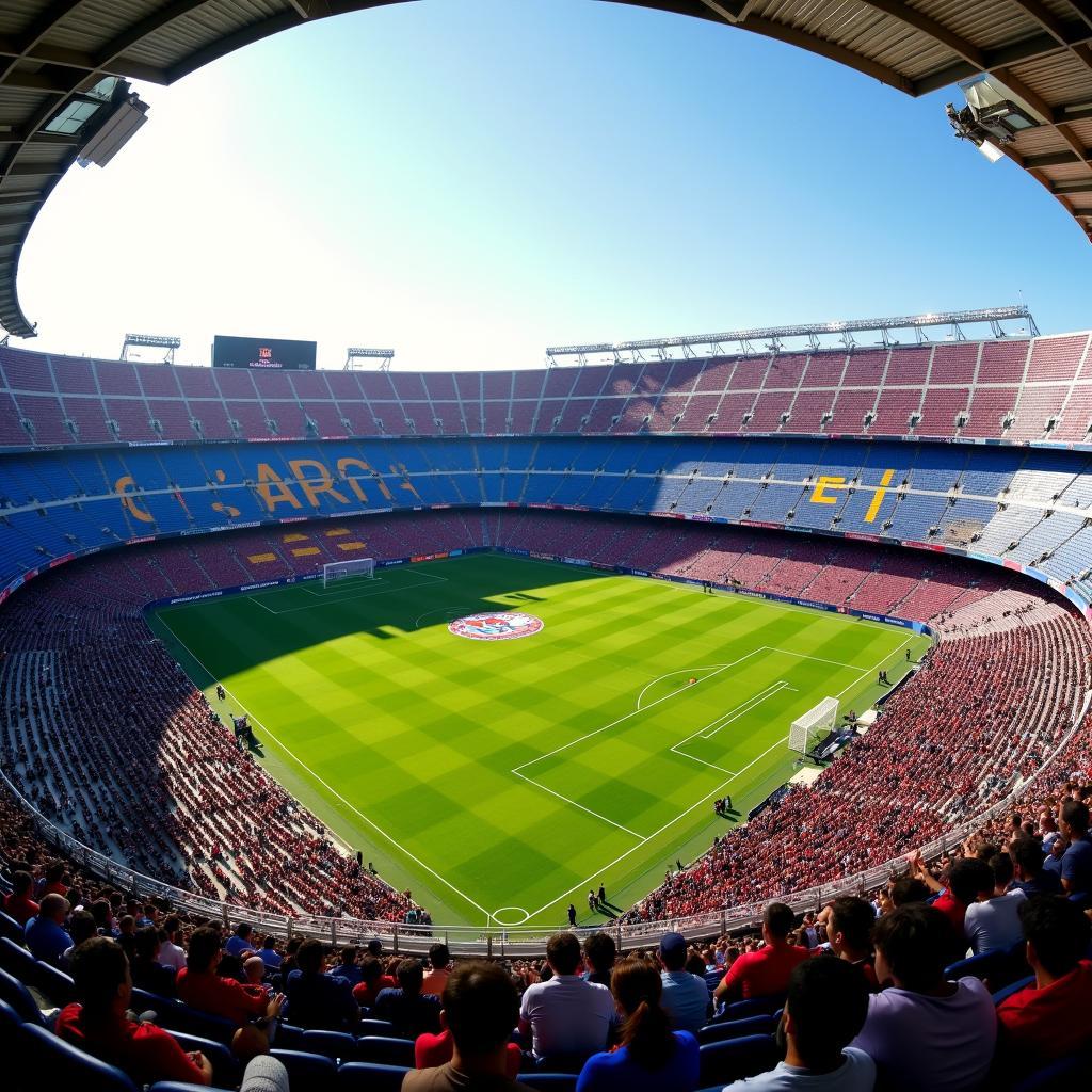 Panoramic view of Camp Nou stadium during a sunny day