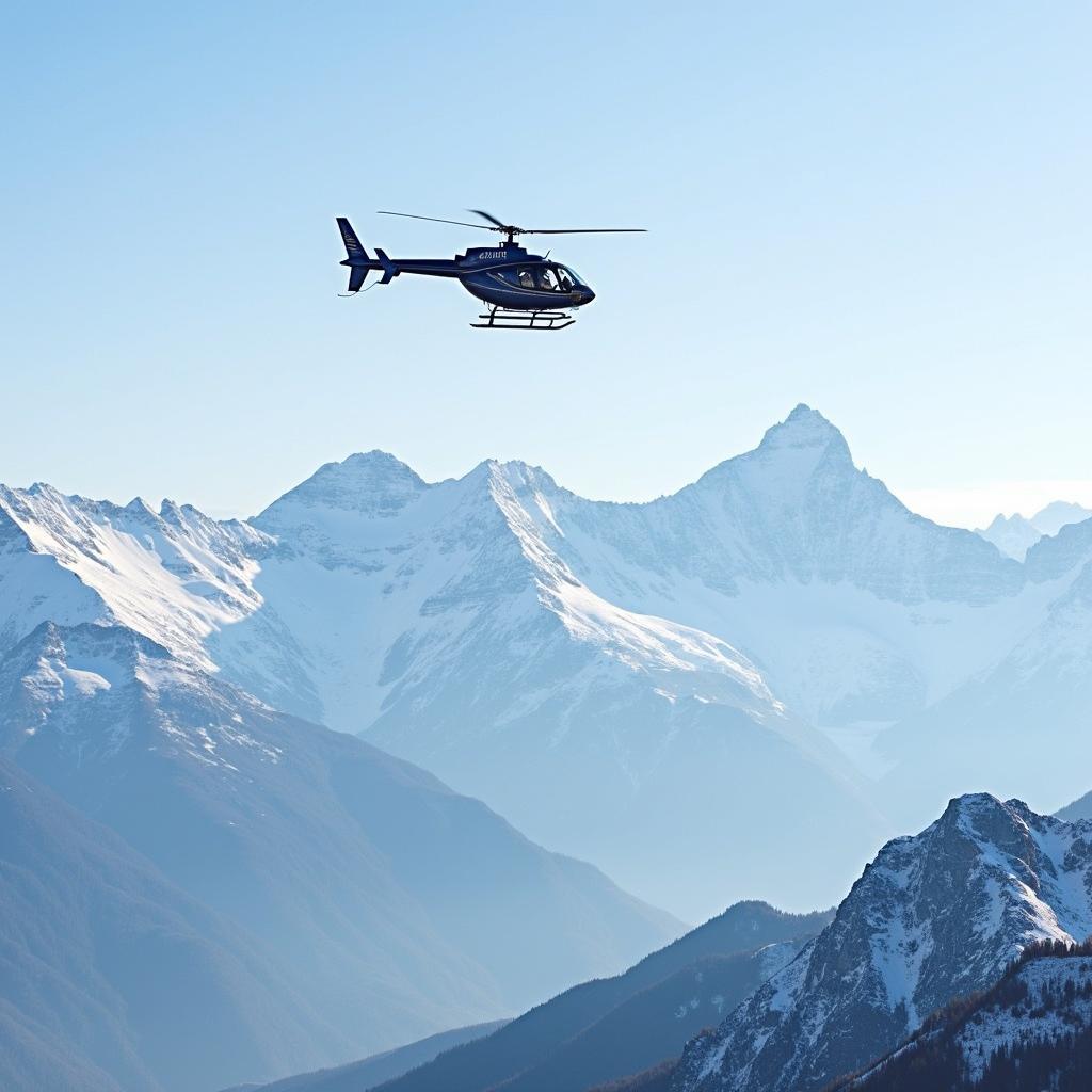 Chardham Yatra Helicopter Tour: A scenic view of a helicopter flying over the snow-capped Himalayas towards a Chardham temple.