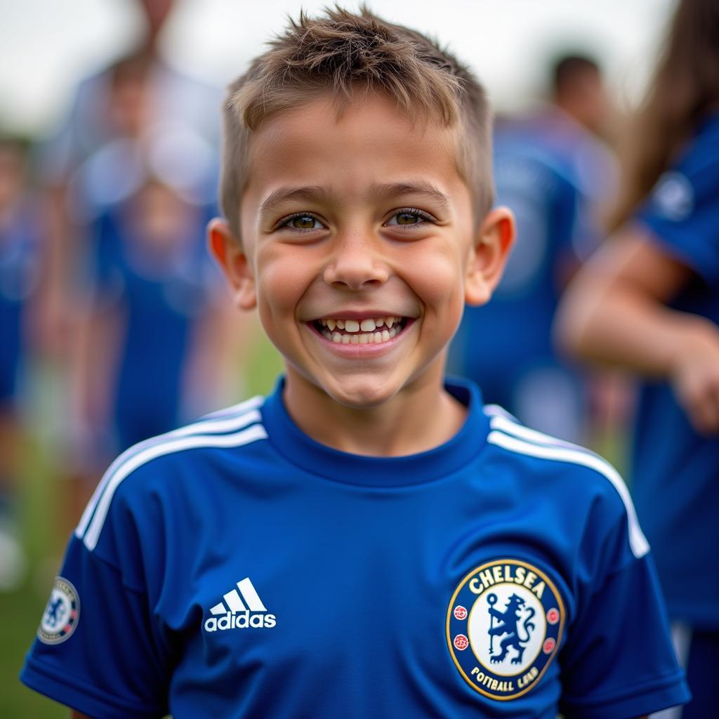 A young Chelsea fan in the USA proudly wearing a Chelsea jersey.