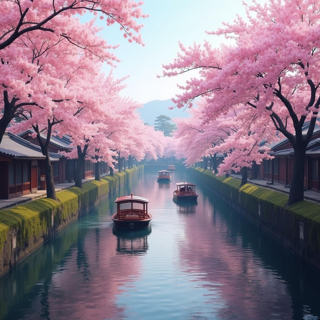 A picturesque scene of cherry blossoms in full bloom along a canal in Kyoto, with traditional boats gently gliding through the water.