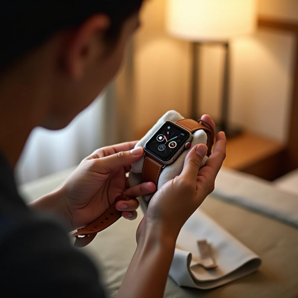 Cleaning a leather Apple Watch band in a Japanese hotel room