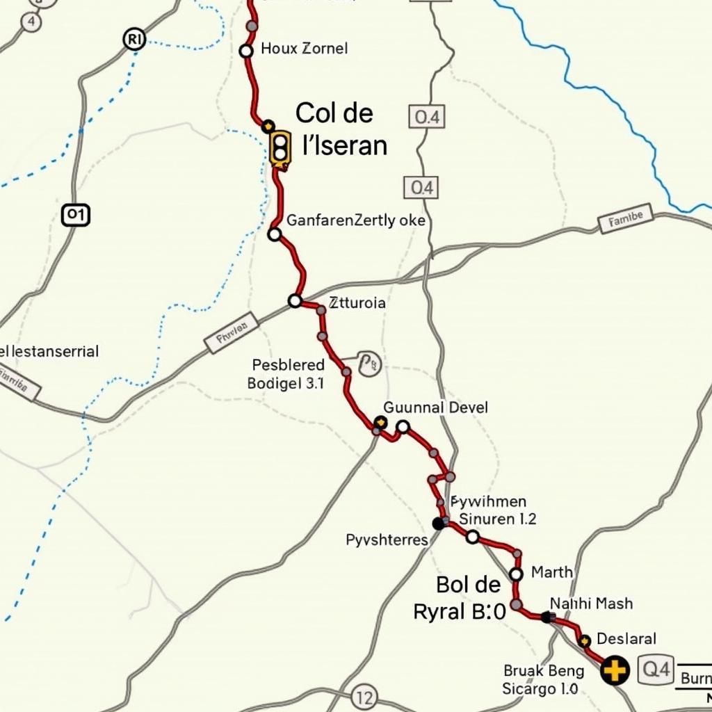 Map of a cycling route including the Col de l'Iseran.