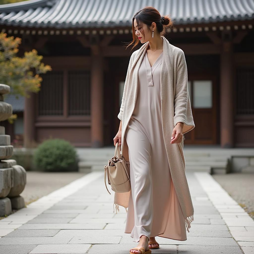 Comfortable tour dress for visiting a temple in Japan