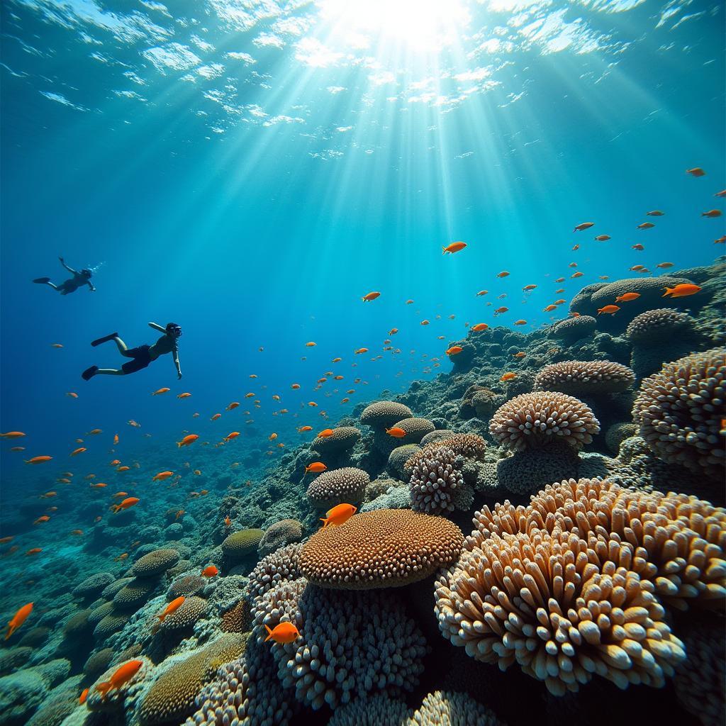 Snorkeling amidst vibrant coral reefs teeming with tropical fish in crystal-clear turquoise waters.