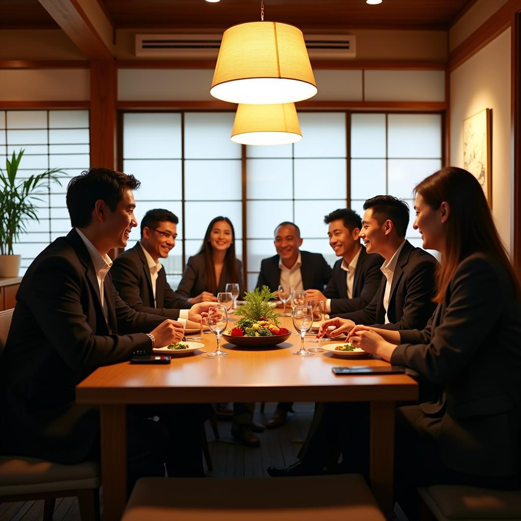 Corporate group enjoying a traditional Japanese meal