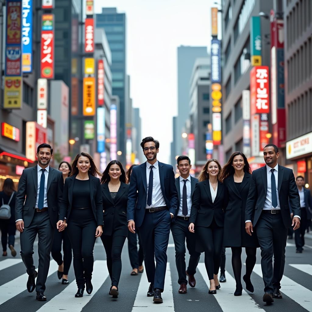 Corporate team exploring the vibrant streets of Tokyo