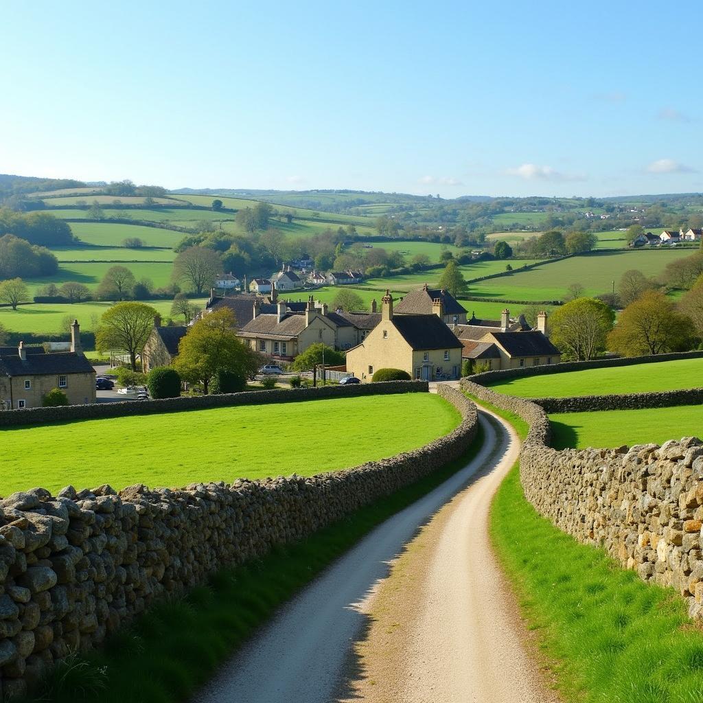 Cotswolds Way Hiking Trail: Scenic view of the rolling hills and picturesque villages along the Cotswolds Way hiking trail in England.