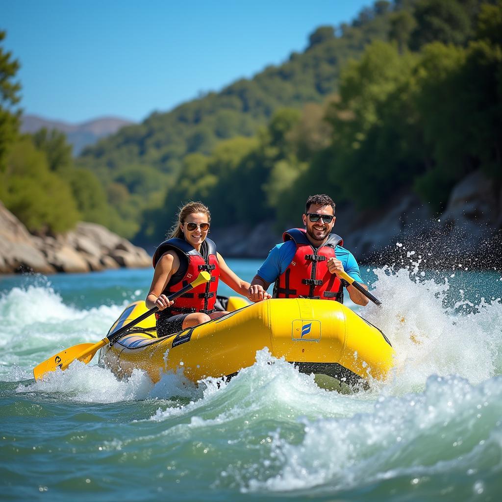 Couple experiencing thrilling river rafting in Manali