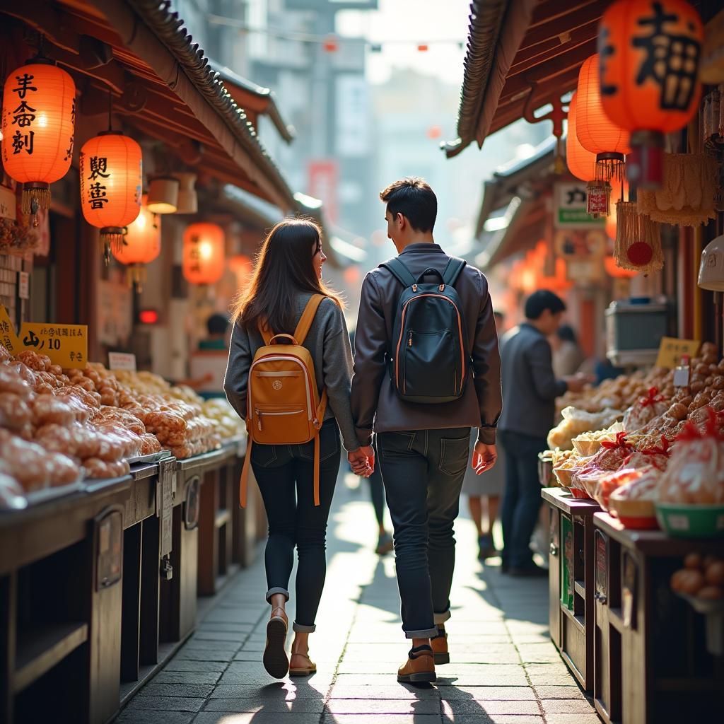 Couple Exploring a Bustling Local Market in Tokyo