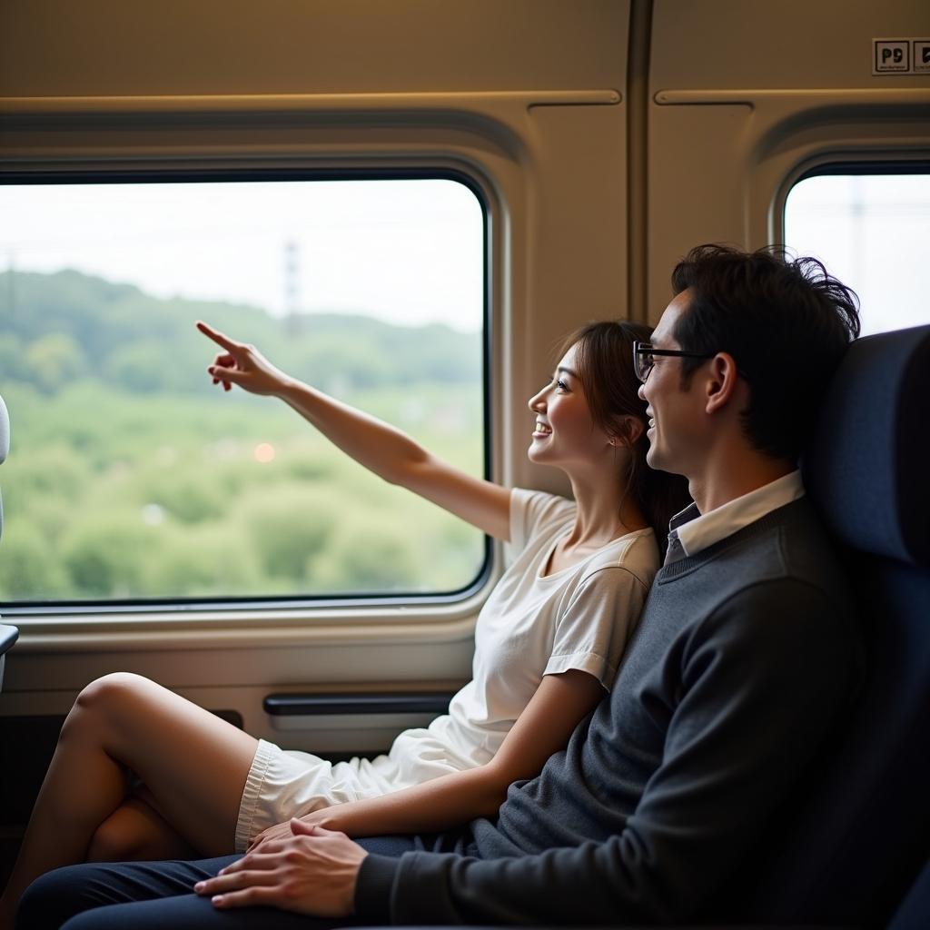 Couple Riding the Shinkansen from Tokyo to Kyoto