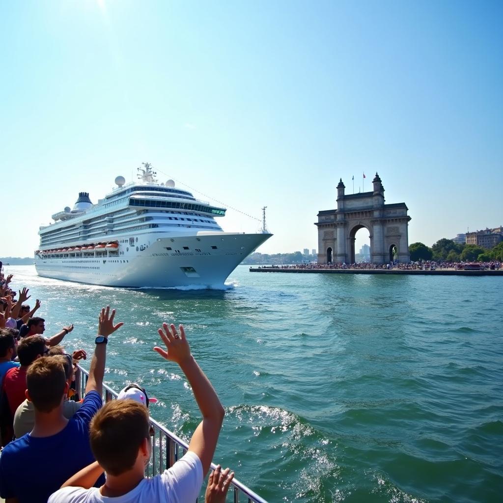 Cruise ship arriving in Mumbai, passing the iconic Gateway of India