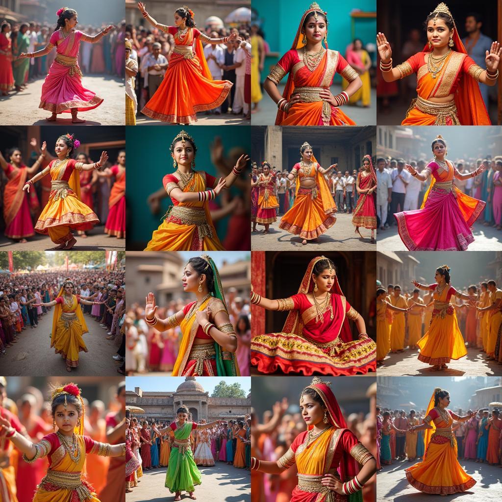 A collage of images showcasing various cultural aspects of India, including traditional dance, clothing, and festivals.