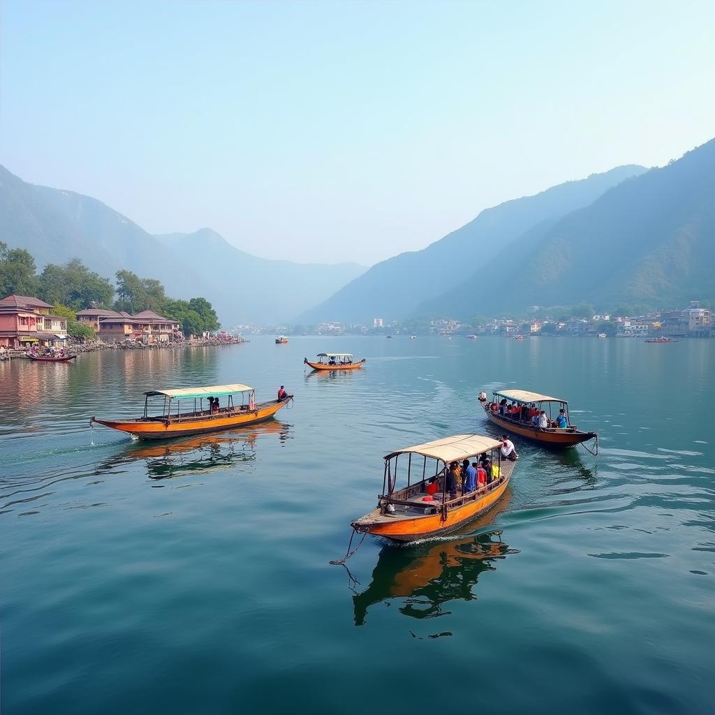 Tourists enjoying a serene Shikara ride on the Dal Lake in Kashmir.