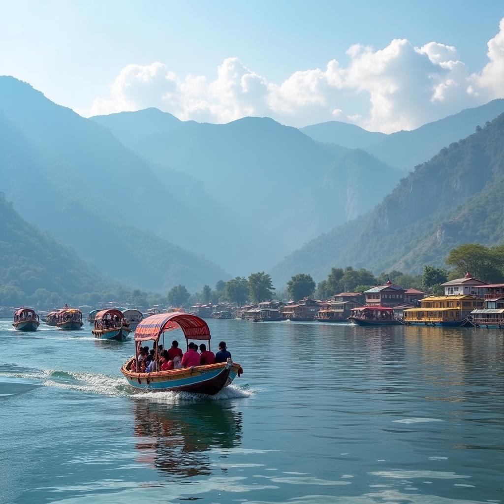 Shikara ride on Dal Lake, Srinagar, showcasing the serene beauty of the lake, houseboats, and surrounding mountains.