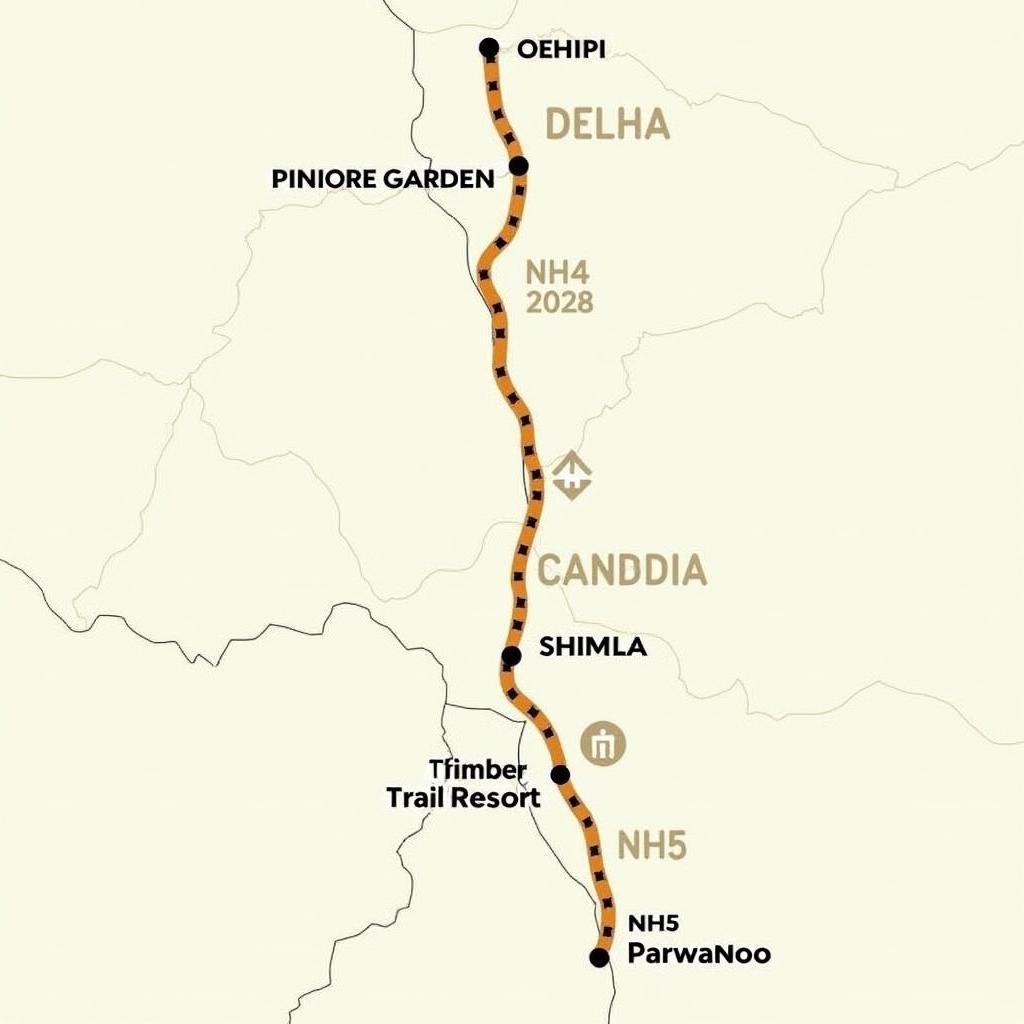 Map showing the route from Delhi to Shimla