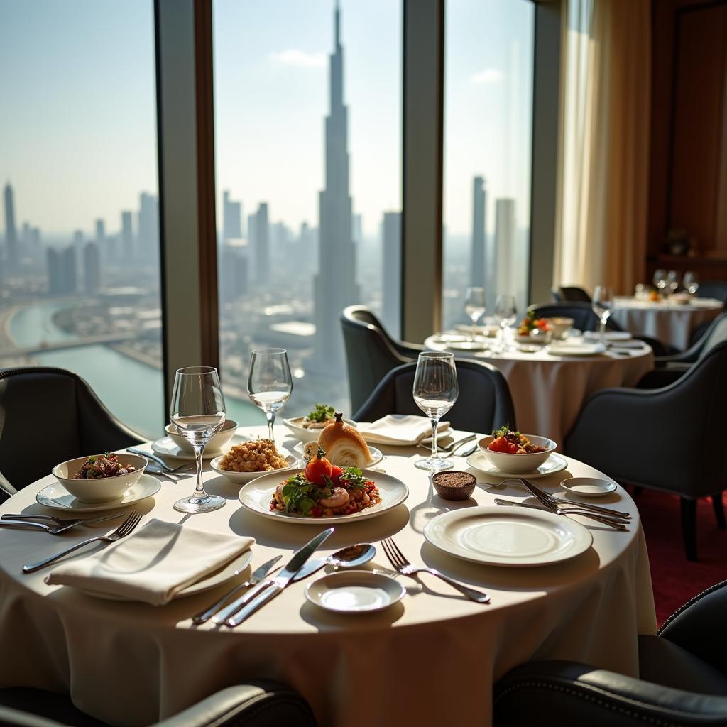 Exquisite dining experience in a Dubai 7-star hotel, with gourmet cuisine, impeccable service and stunning ambiance.