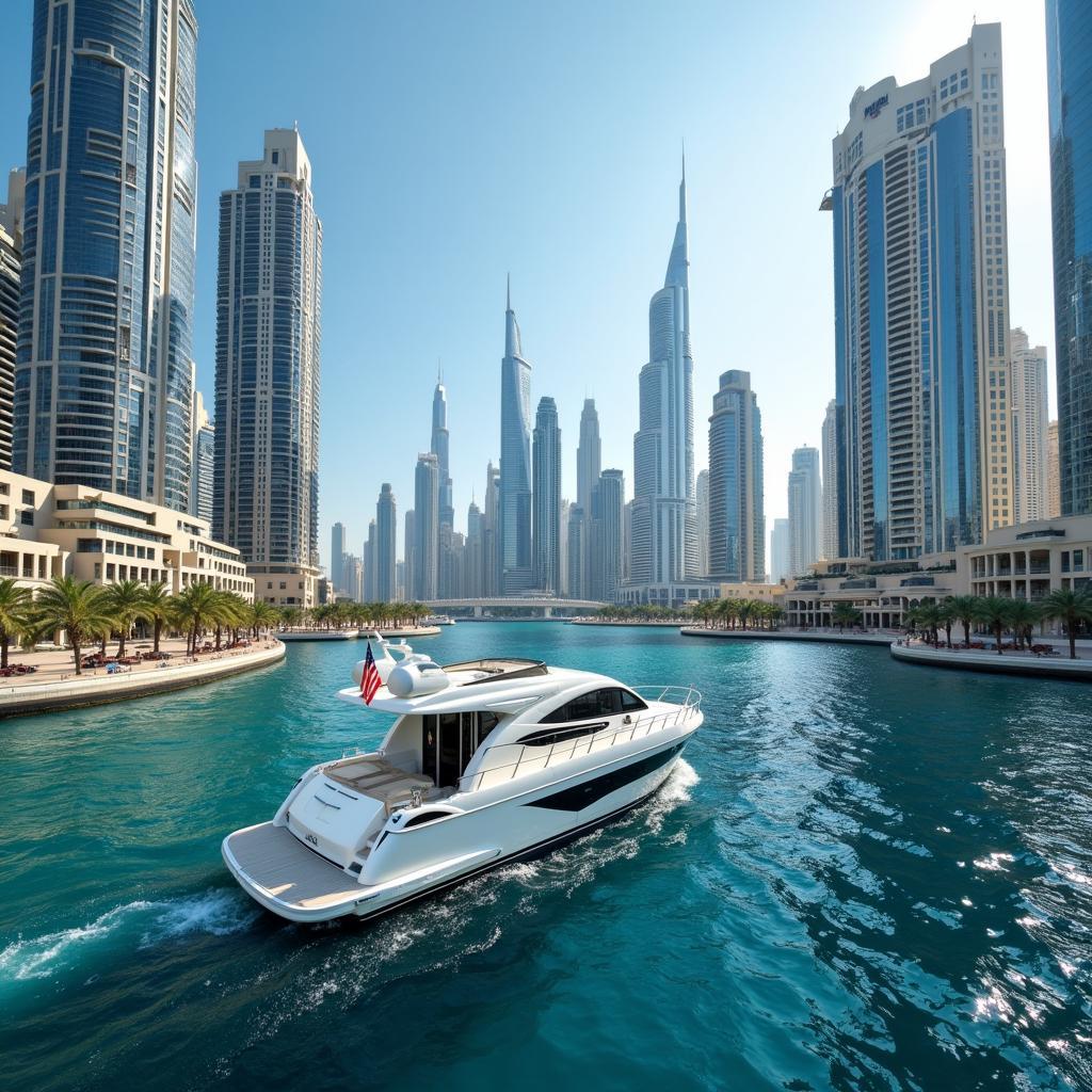 Dubai Marina Yacht Tour: A luxurious yacht cruising through the Dubai Marina, showcasing the stunning cityscape.