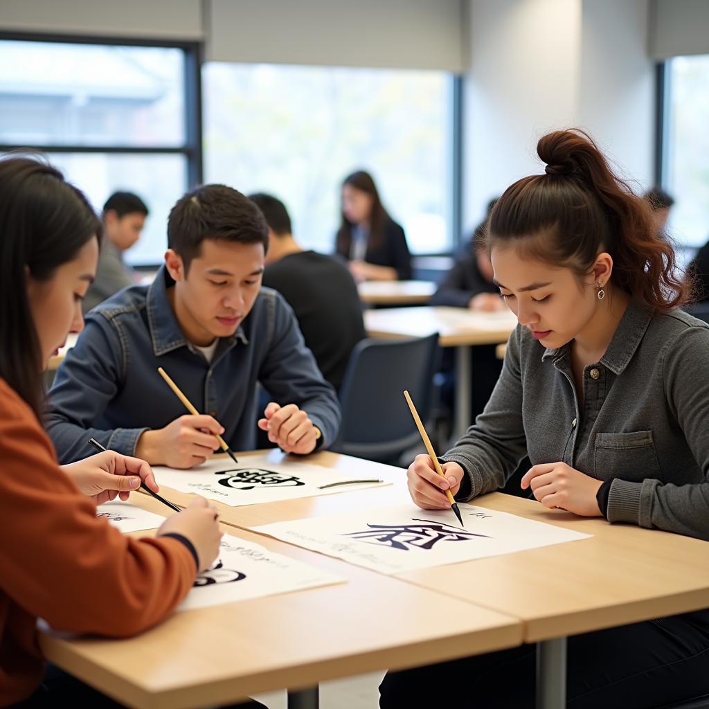 Students learning Japanese calligraphy during an educational tour