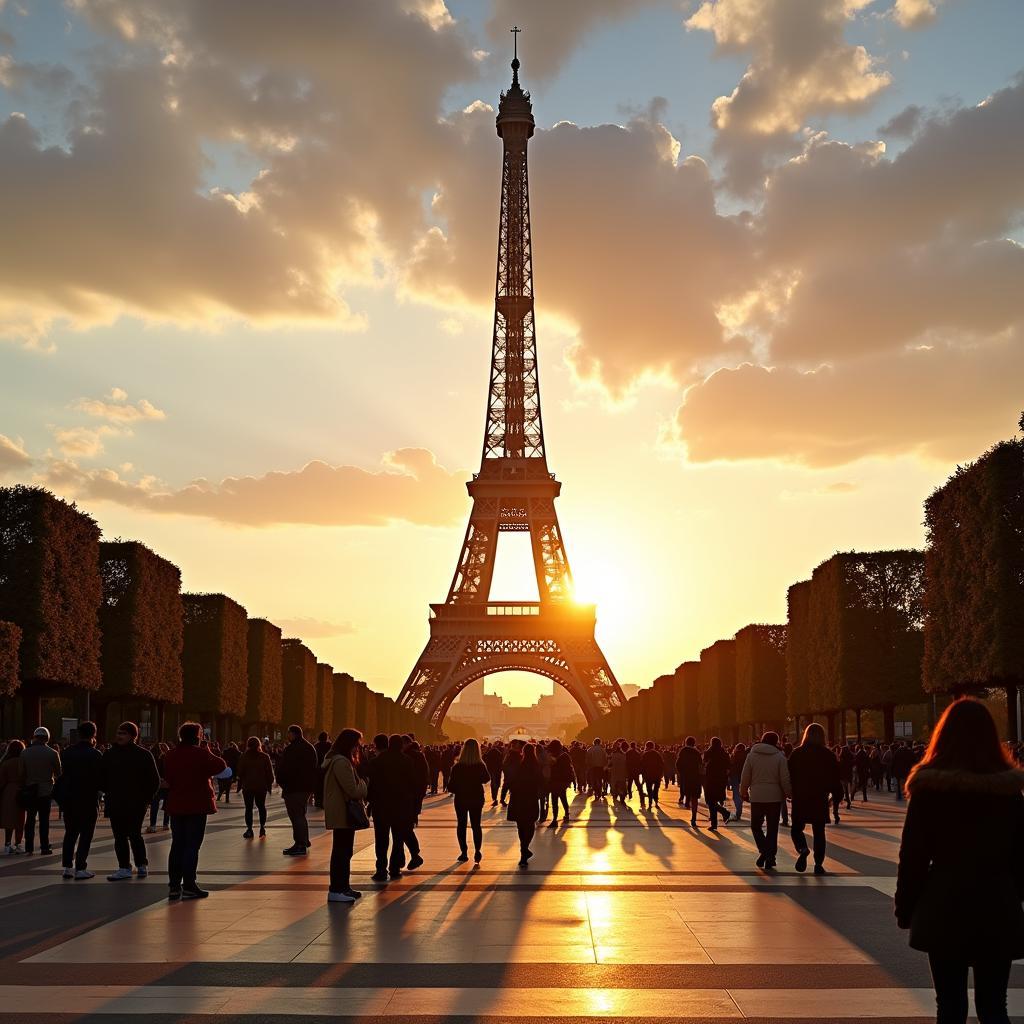 Eiffel Tower at sunset on the first day of a Paris tour