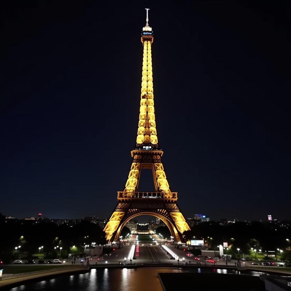 The Eiffel Tower illuminated at night, reflecting French culture and language.