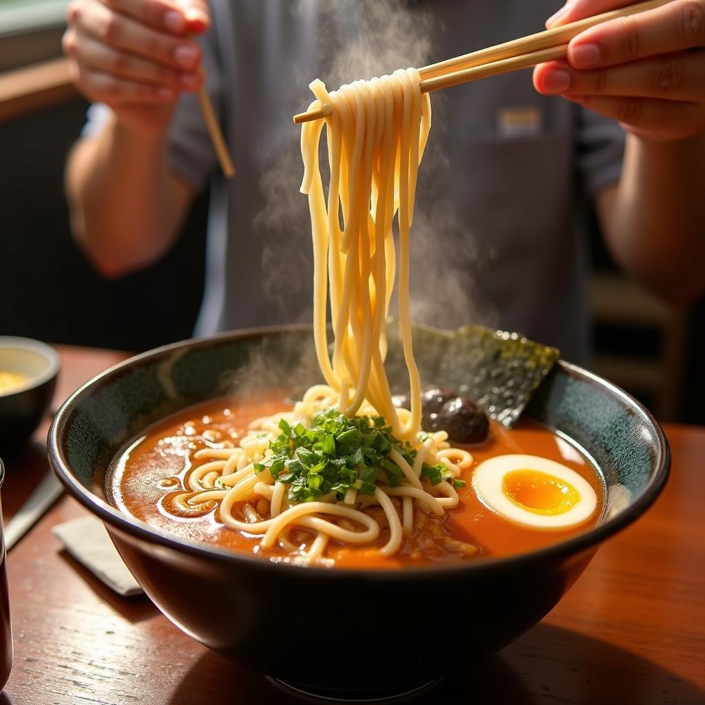 Savoring a delicious bowl of ramen in a traditional Japanese restaurant.