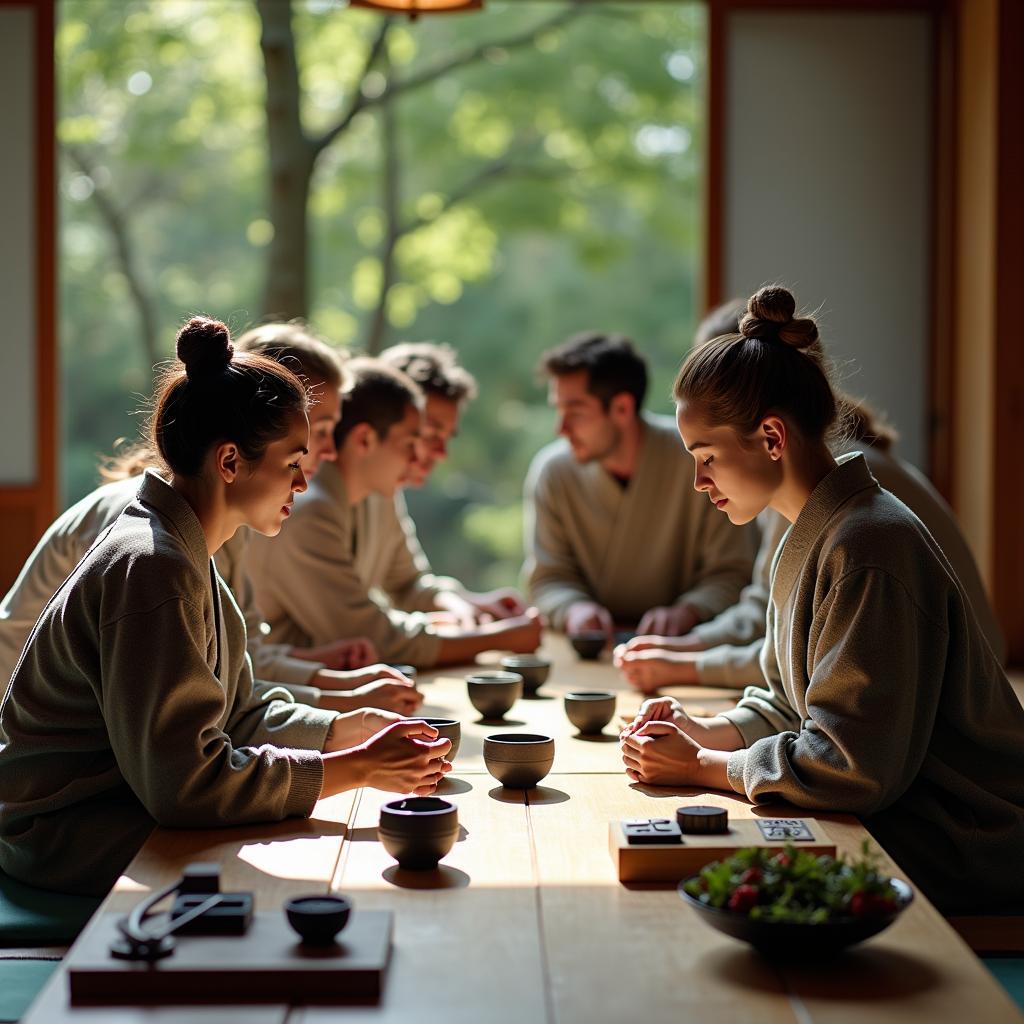 A group of tourists enjoying a traditional Japanese tea ceremony.