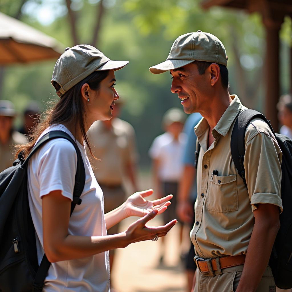 A thoughtful depiction of the ethical considerations surrounding slum tourism, showing a tourist interacting respectfully with a local resident.