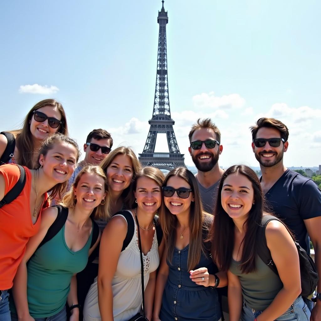 Group tour in front of the Eiffel Tower