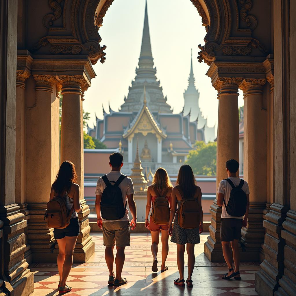 Group exploring ancient temples in Thailand