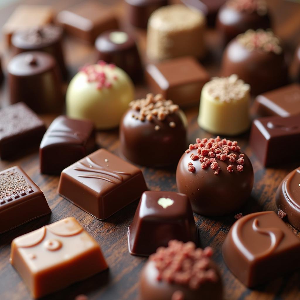 Exploring Different Chocolates: A table displaying a variety of chocolates, highlighting the diverse flavors and textures available, ranging from dark and bittersweet to milk and white chocolate, with various fillings and toppings.