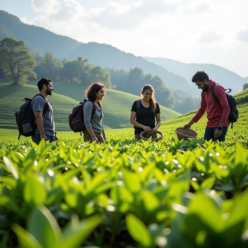 Delhi tourists exploring vast Japanese tea fields.