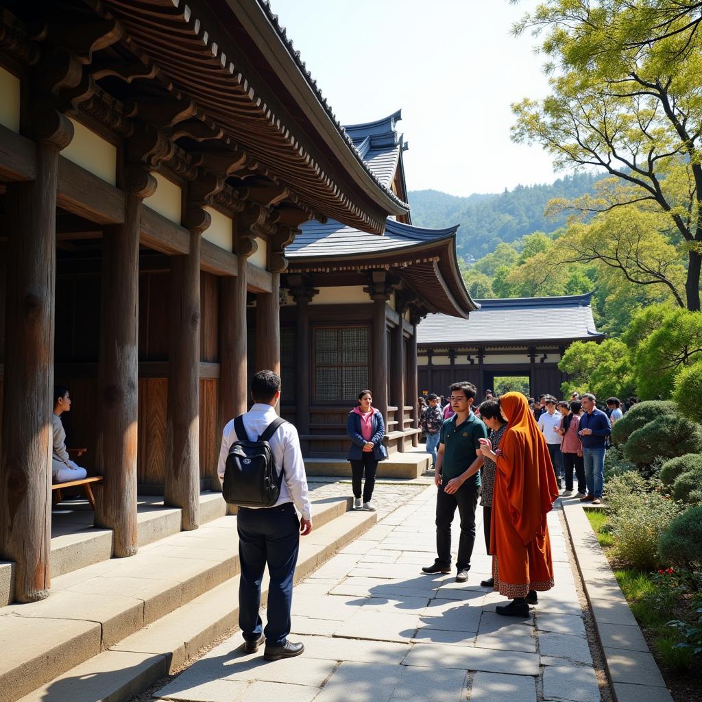 Tourists from Amritsar exploring a traditional Japanese temple complex.