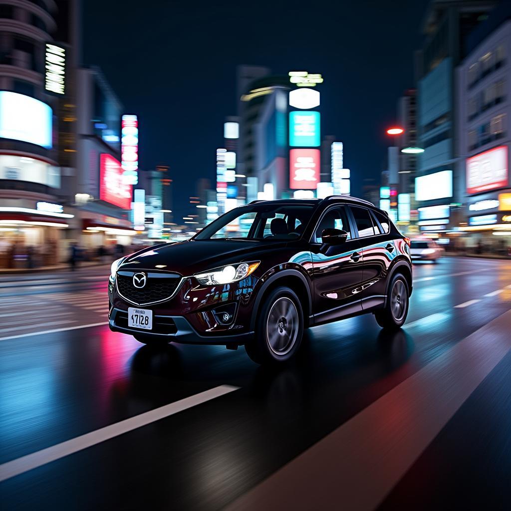 Driving through the vibrant streets of Tokyo in a 2014 Mazda CX-5, experiencing the city's dynamic energy.