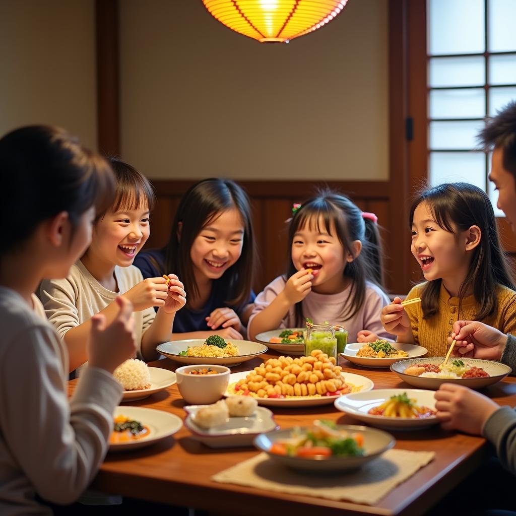 Family enjoying a traditional Japanese meal