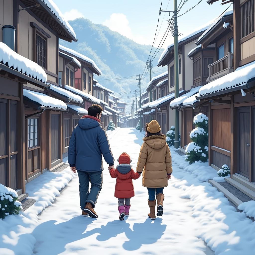 Family Exploring a Snow-Covered Japanese Village