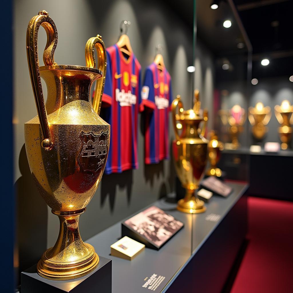 Display of trophies and memorabilia at the FC Barcelona Museum