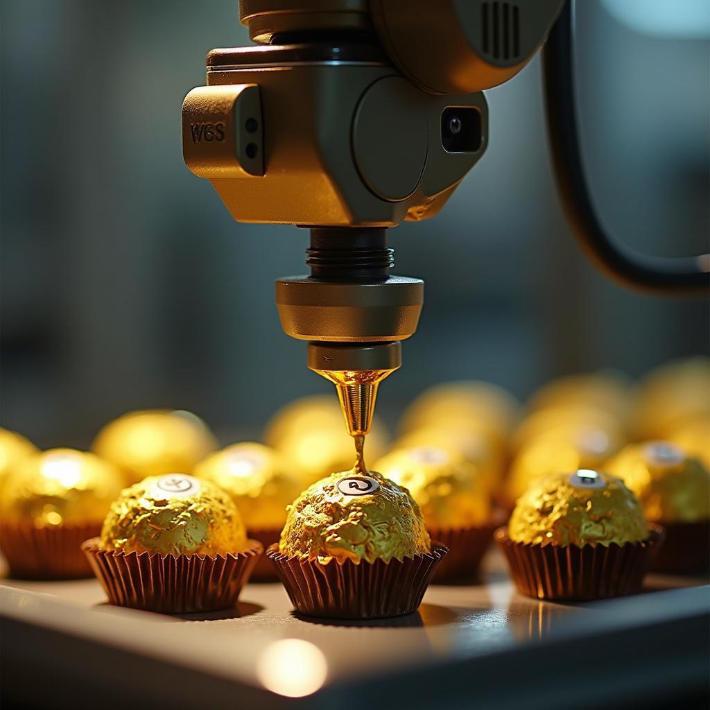 Golden Wrapping Process of Ferrero Rocher: A close-up view of the intricate machinery delicately wrapping each chocolate in its signature gold foil, highlighting the precision and care taken in the final stage of production.