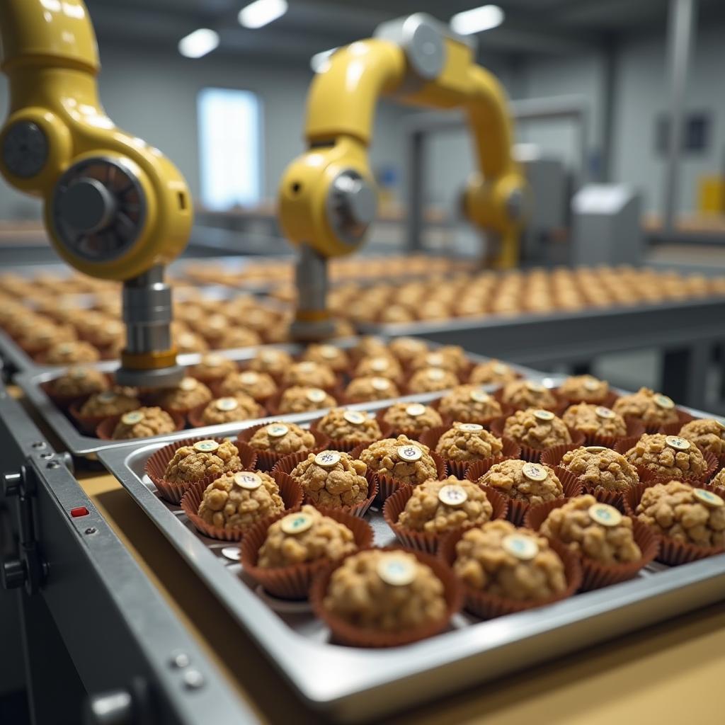 Ferrero Rocher Production Line: A glimpse into the automated process of creating these iconic chocolates, showcasing robotic arms and conveyor belts transporting the golden treats.