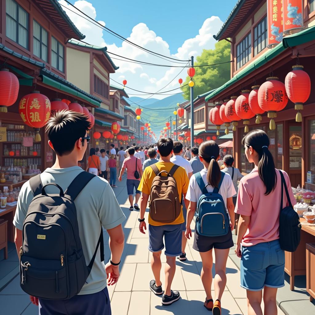 Fhohrun tour guide leading a group of tourists through a bustling Japanese market