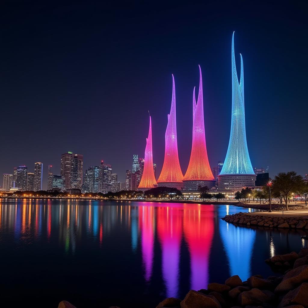 A stunning night view of the Flame Towers in Baku, as seen during a tour from Dubai.